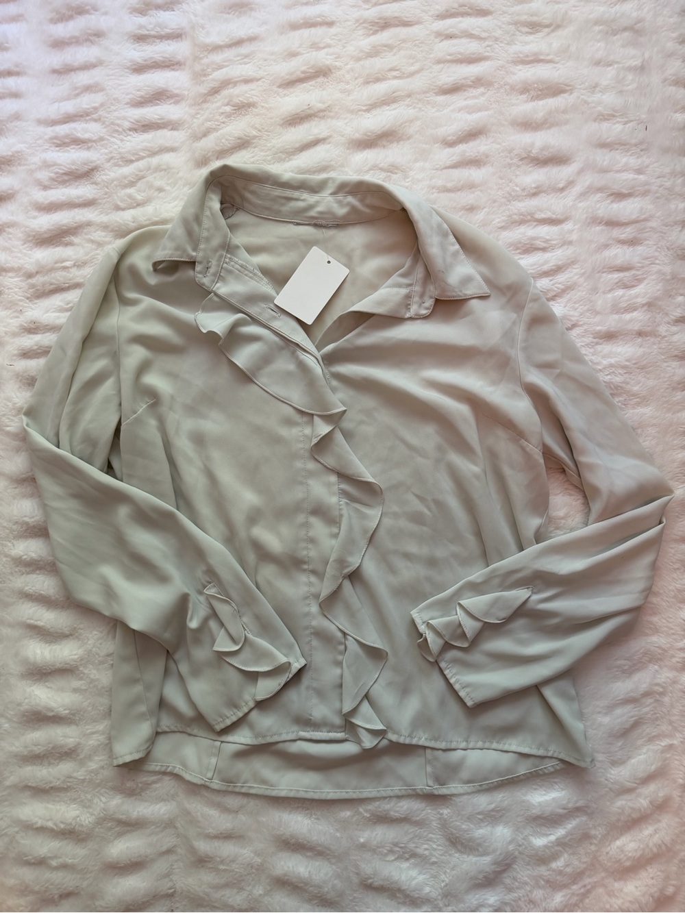 Light Sage green Ruffle-Front Long Sleeve Womens Blouse